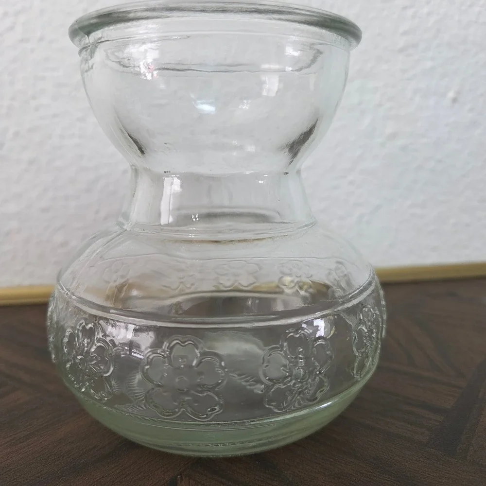 Vintage green glass bulb‎ forcing flower vase with raised flower pattern